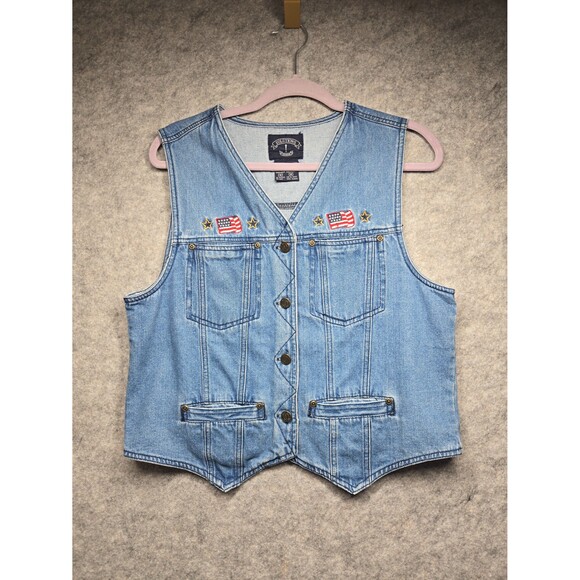 Solutions Original Vintage Denim Vest Pockets Flags Button Up Women's Medium - Picture 1 of 12